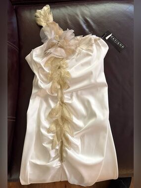 Stunning Faviana one shoulder Dress with Gold Floral Trim